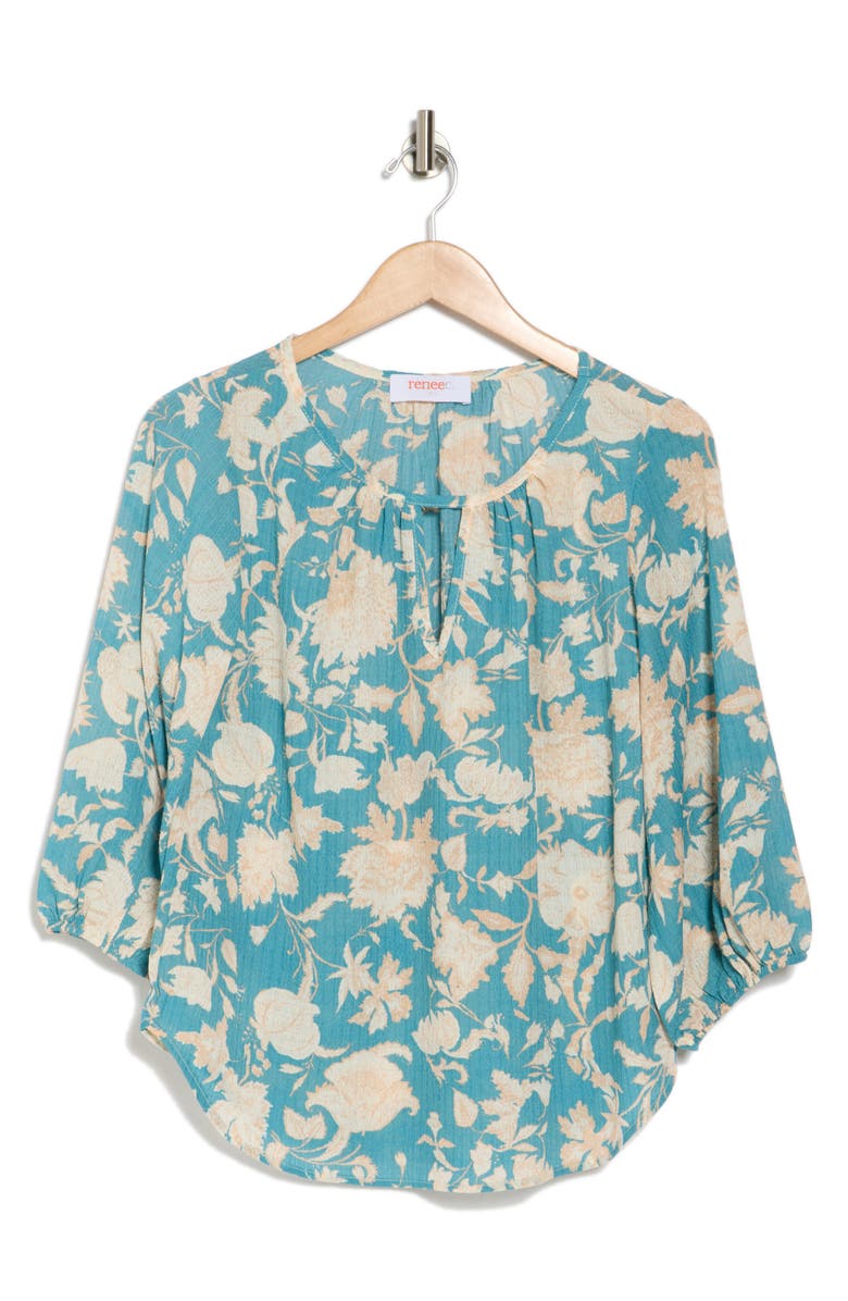 Renee C Floral Keyhole Balloon Sleeve Top, Alternate, color, Blue