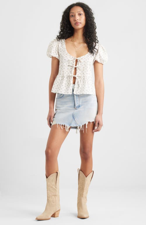 Bp. Tie Front Cotton Poplin Top In Ivory- Pink Sprig Ditsy
