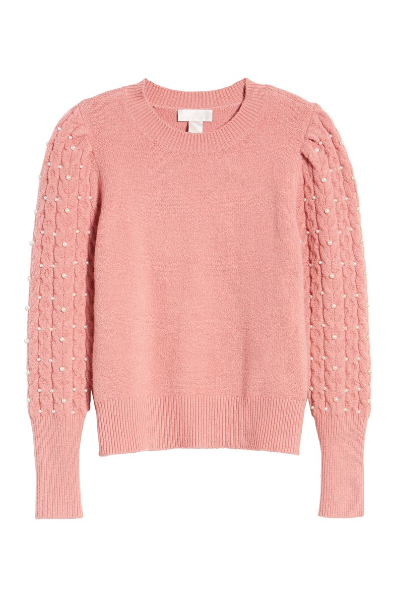 Imitation Pearl Embellished Puff Sleeve Sweater, Alternate, color, PINK COMPACT