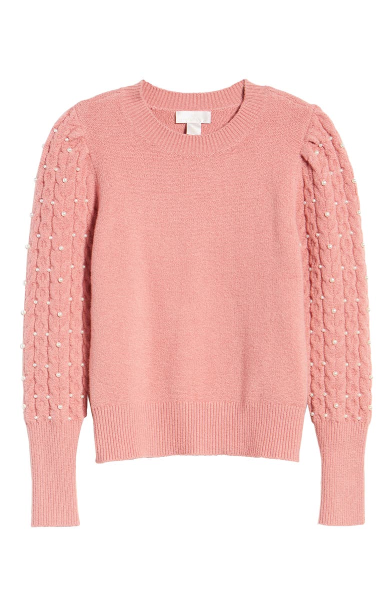 Rachel Parcell Imitation Pearl Embellished Puff Sleeve Sweater, Alternate, color,