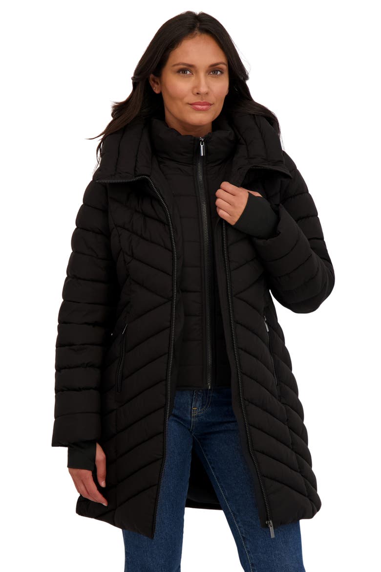 Water Resistant Stretch Chevron Quilted Jacket with Bib, Alternate, color, BLACK