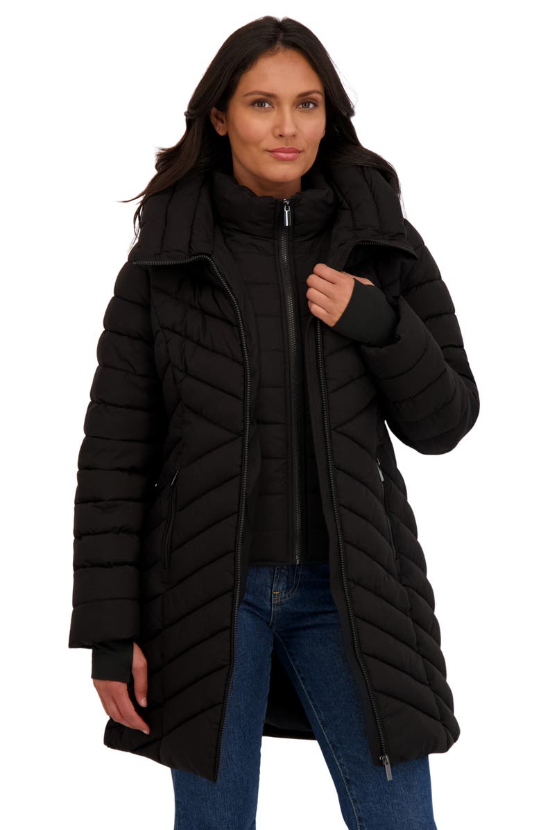 Sebby Water Resistant Stretch Chevron Quilted Jacket with Bib, Alternate, color, Black