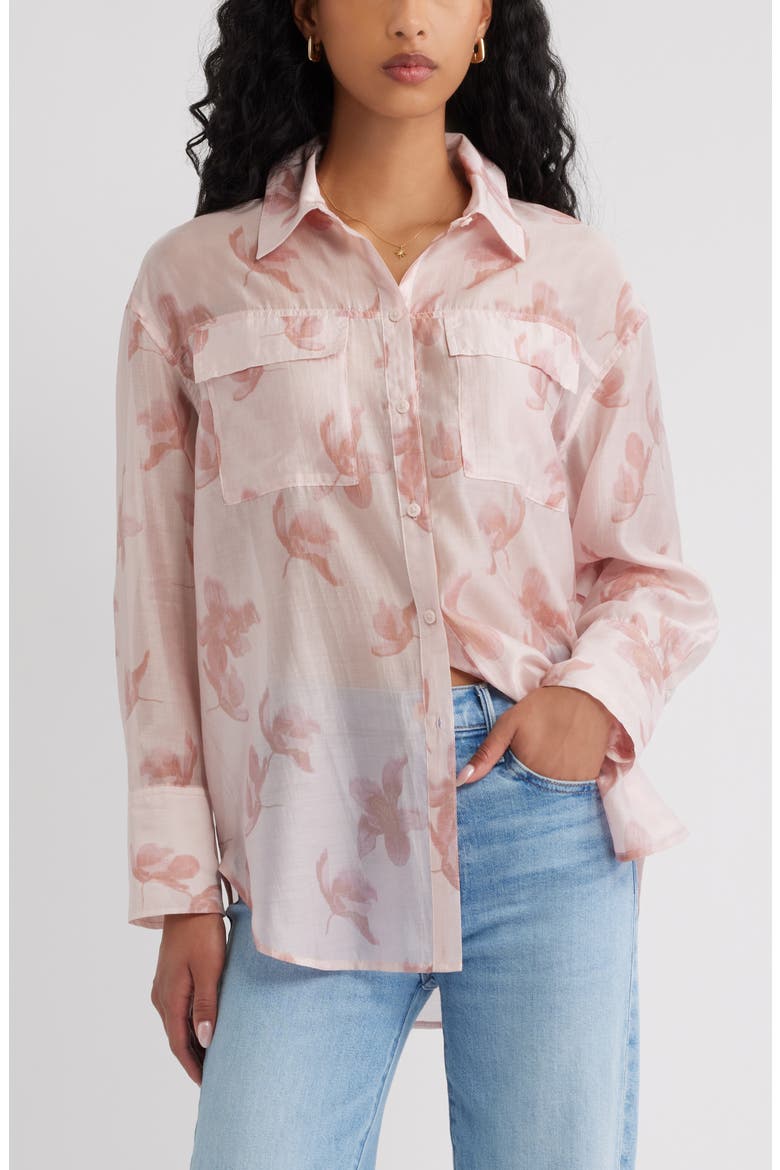 Oversize Organza Button-Up Shirt, Main, color, PINK WINDY HIBISCUS