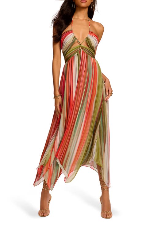 Ramy Brook Blue Green Yellow Wave Print Halter-Neck Maxi Dress NWT