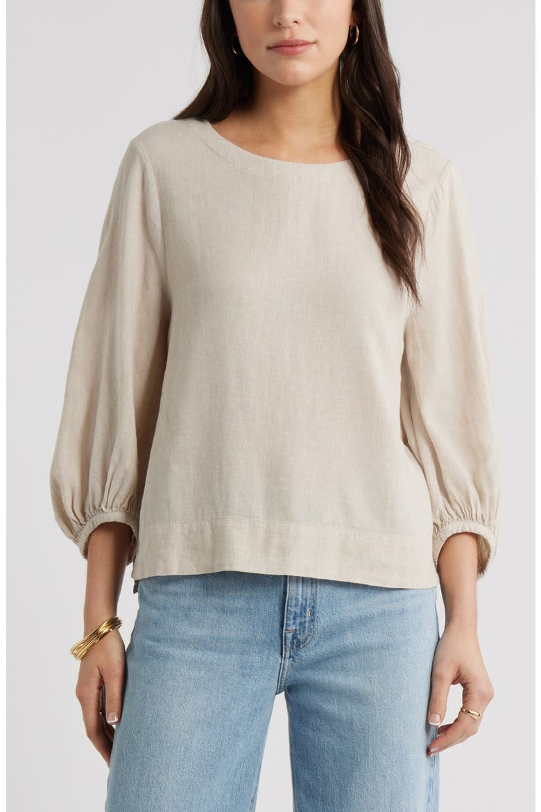 Balloon Sleeve Linen Blend Top, Main, color, FLAX