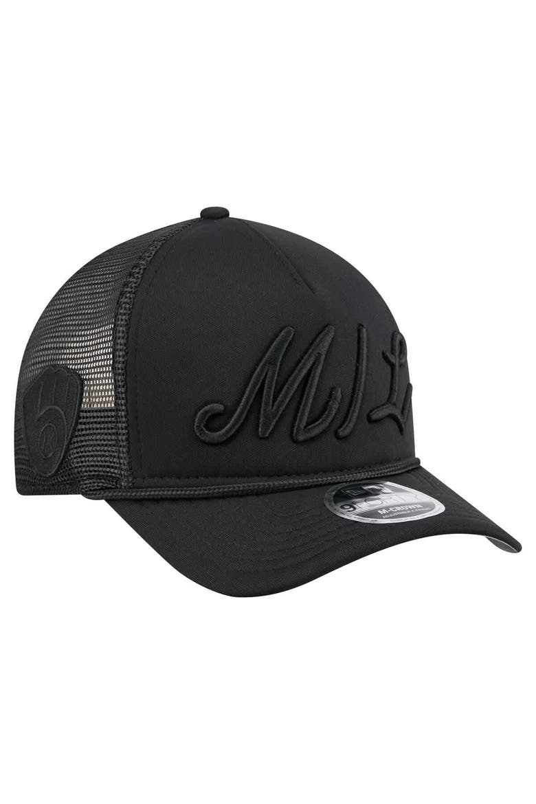 Men's New Era Black Milwaukee Brewers City Initial 9FORTY A-Frame M-Crown Adjustable Trucker Hat, Alternate, color, Black