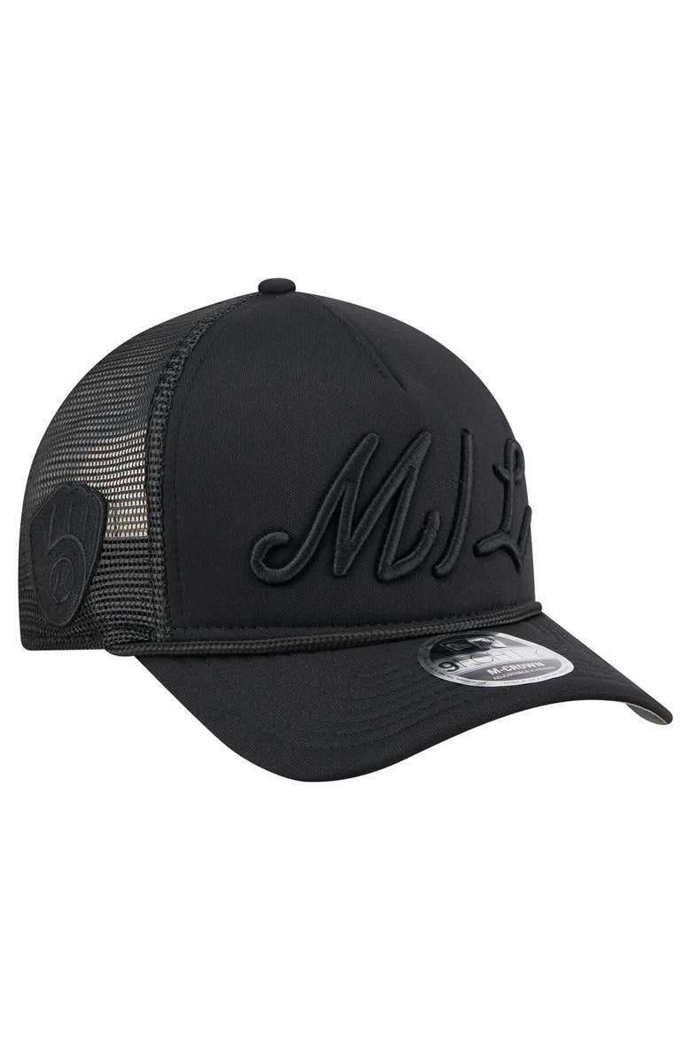 New Era Men's New Era Black Milwaukee Brewers City Initial 9FORTY A-Frame M-Crown Adjustable Trucker Hat, Alternate, color, Black