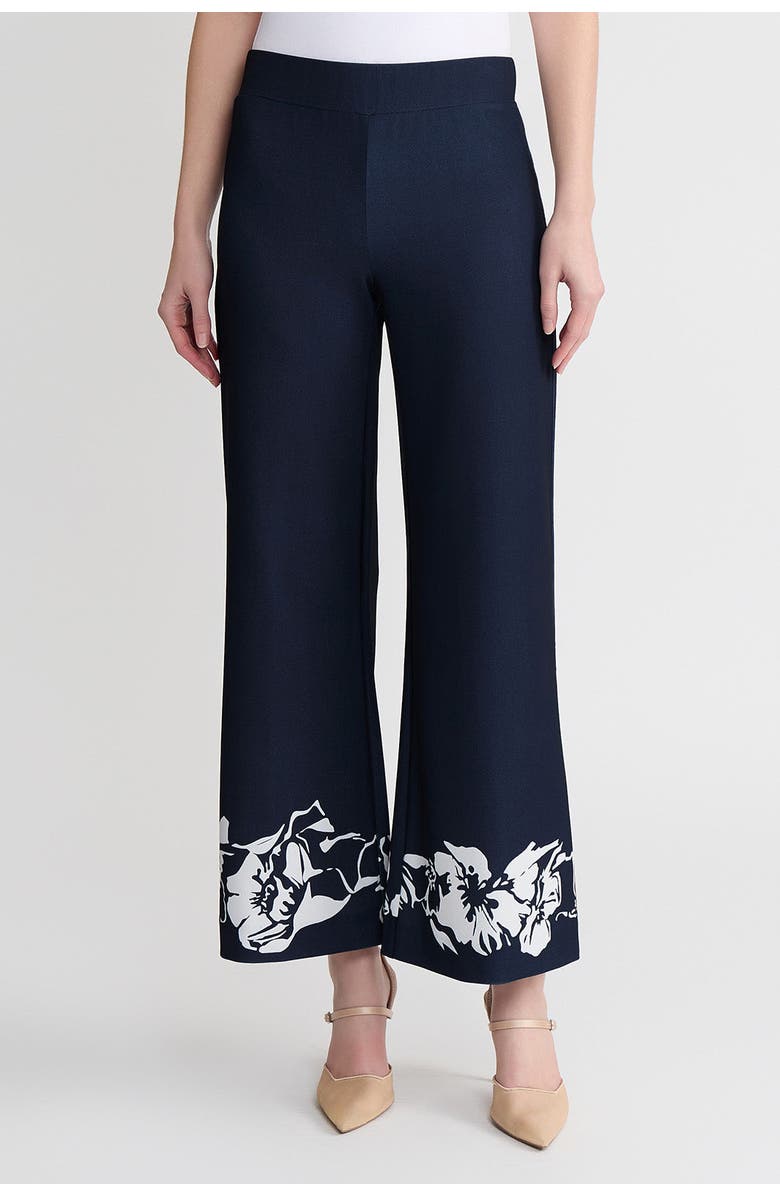 Ming Wang Stretch Deco Crepe Floral Print Wide-Leg Pants, Main, color, Indigo/White