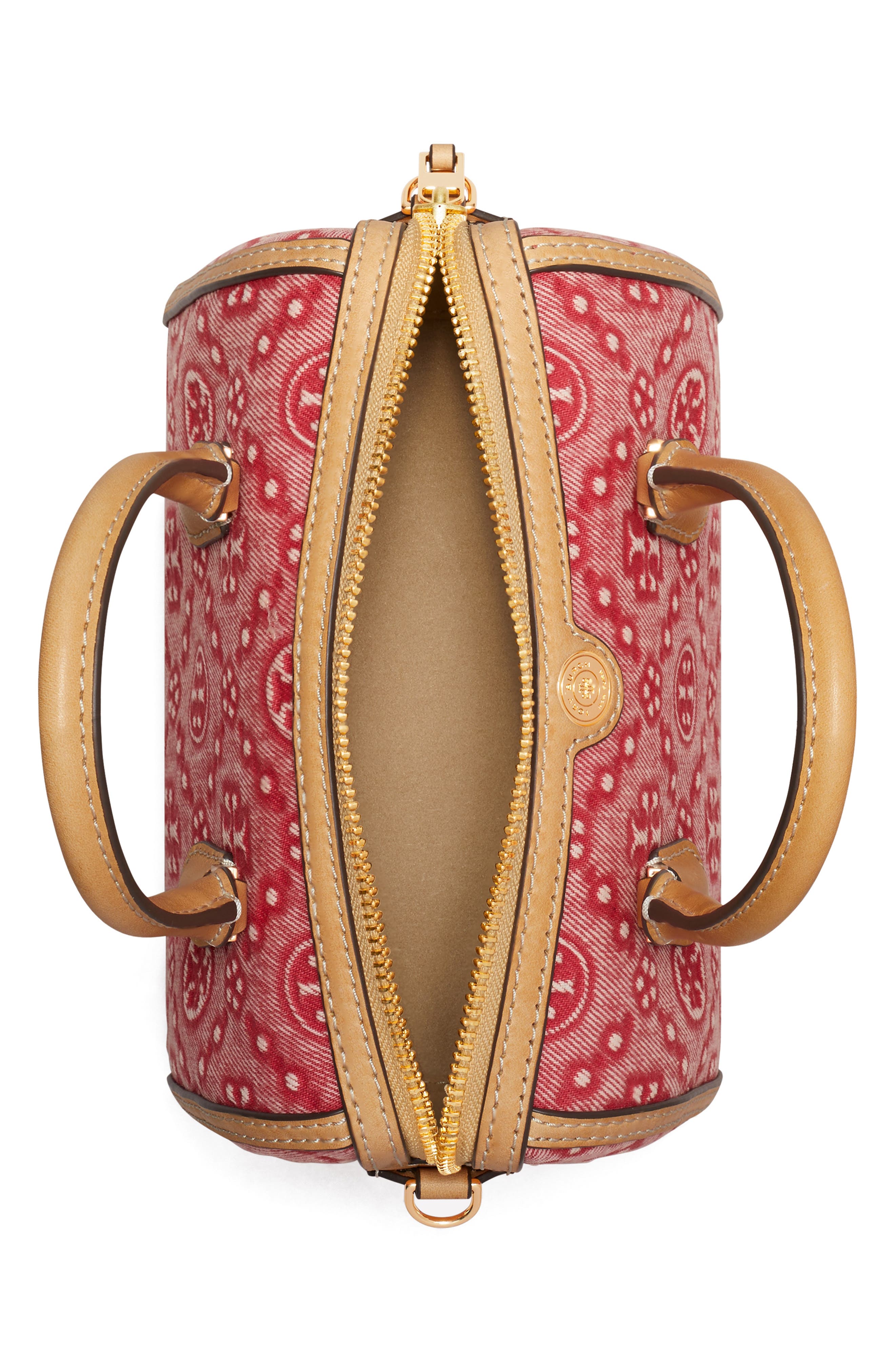 Tory Burch Petite T Monogram Jacquard Barrel Bag, Alternate, color, Brilliant Red