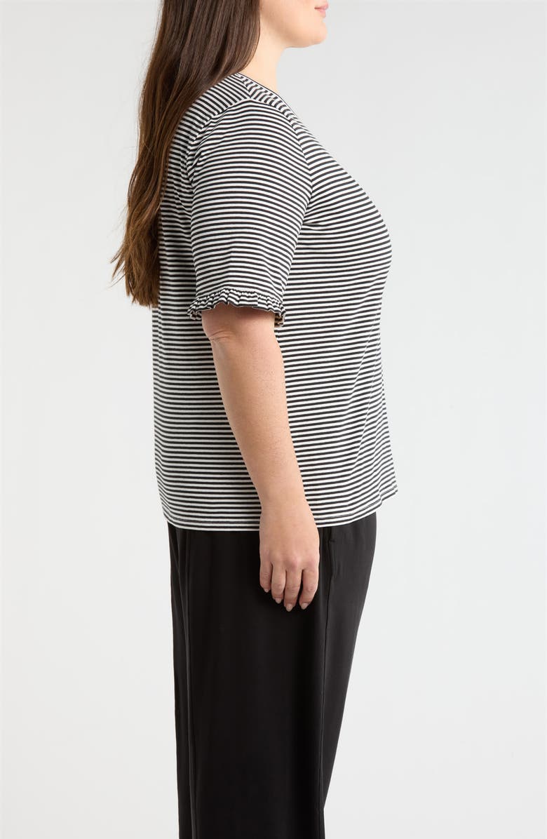 Jones New York Stripe Frill Sleeve Stretch Cotton Top, Alternate, color, Jones Black/ Natural White