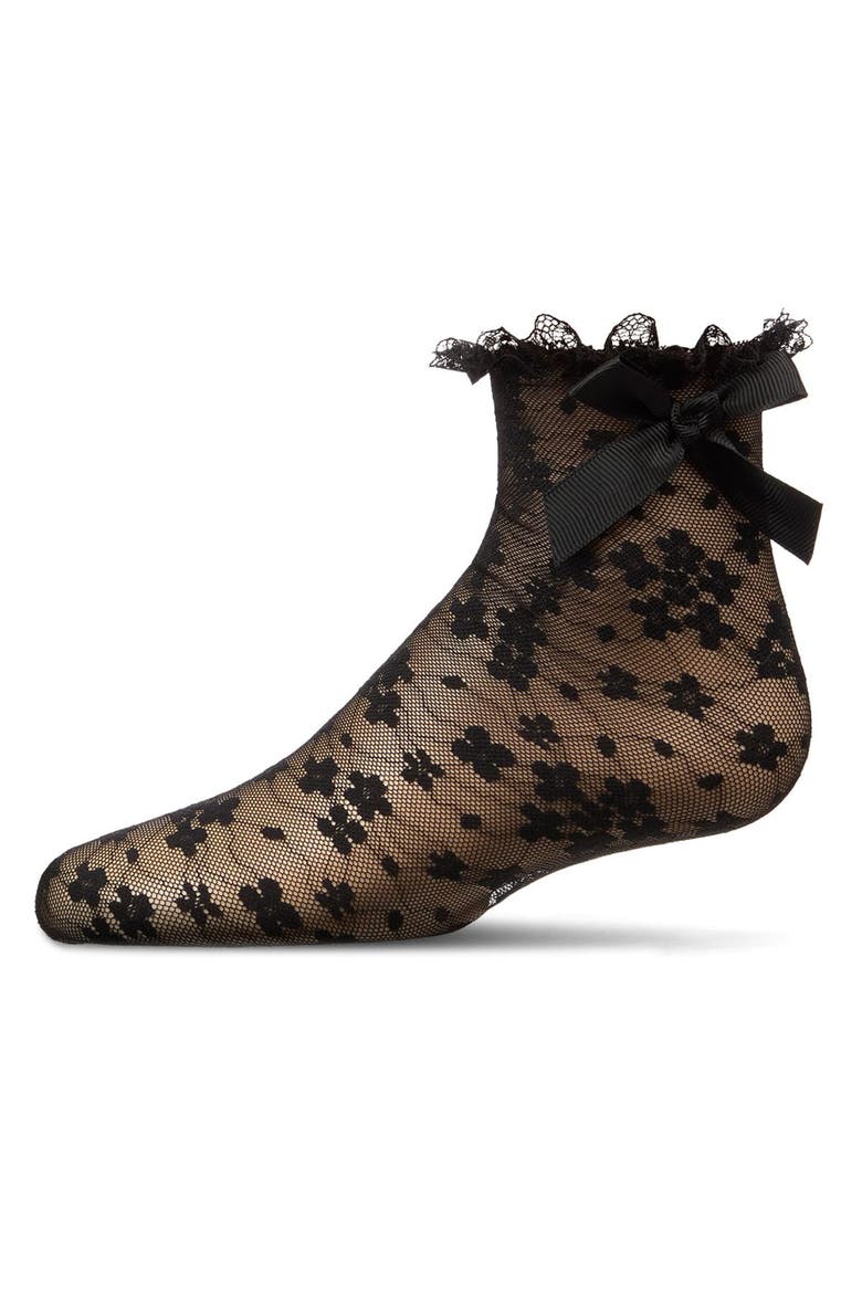 Floral Lace Bow Trim Ankle Sock, Main, color, Black