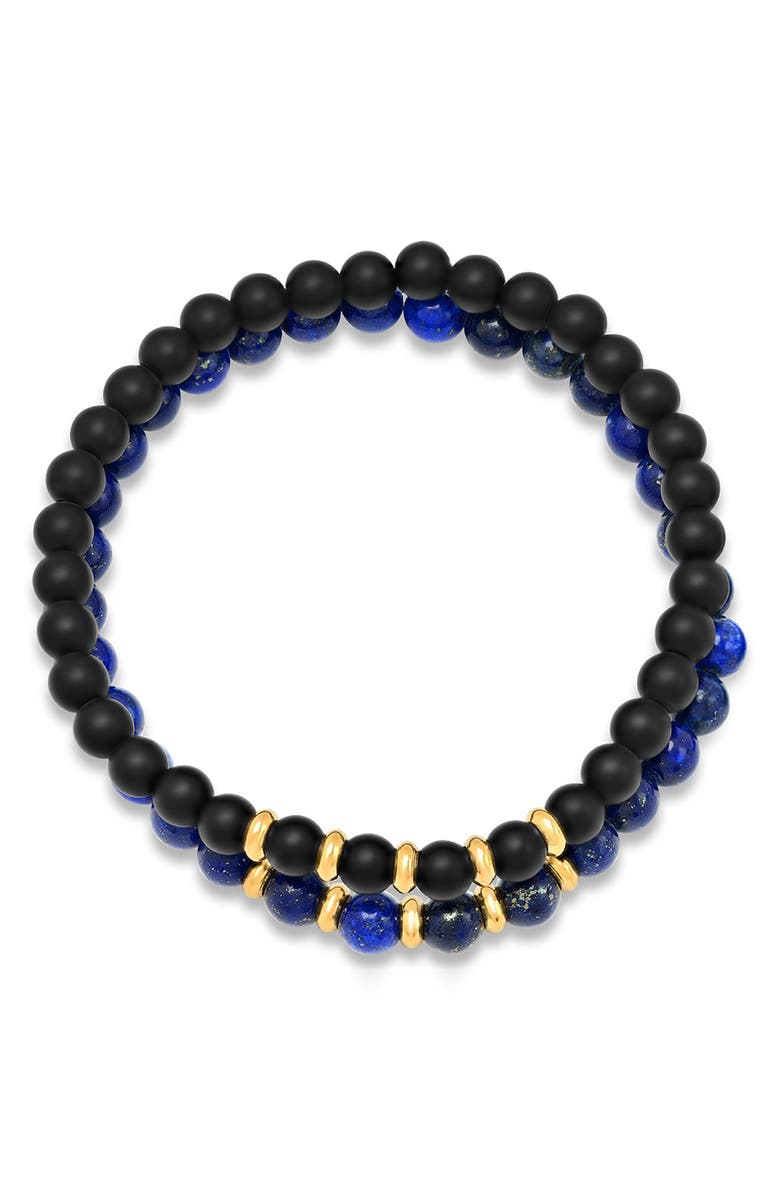 HMY JEWELRY Stainless Steel Black Lava & Blue Beaded Bracelet - Set of 2, Main, color, 