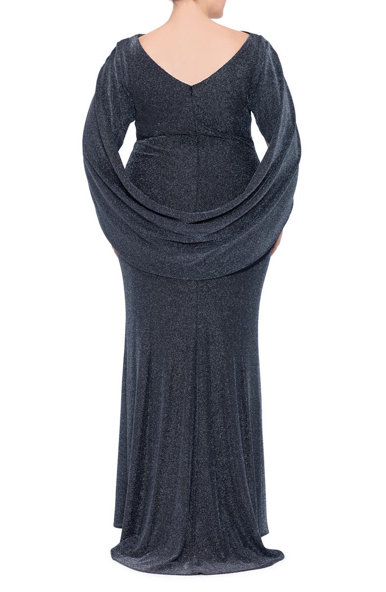 Betsy & Adam Metallic Drape Back Trumpet Gown, Alternate, color, Black/ Silver