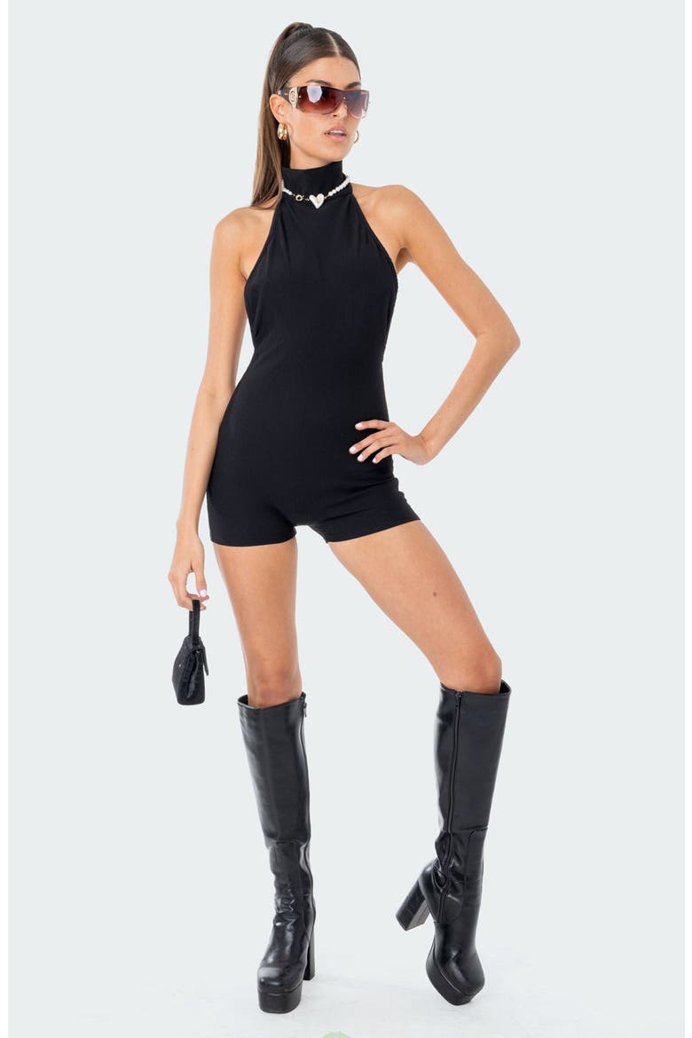 Annie Halter Neck Rib Romper, Alternate, color, BLACK
