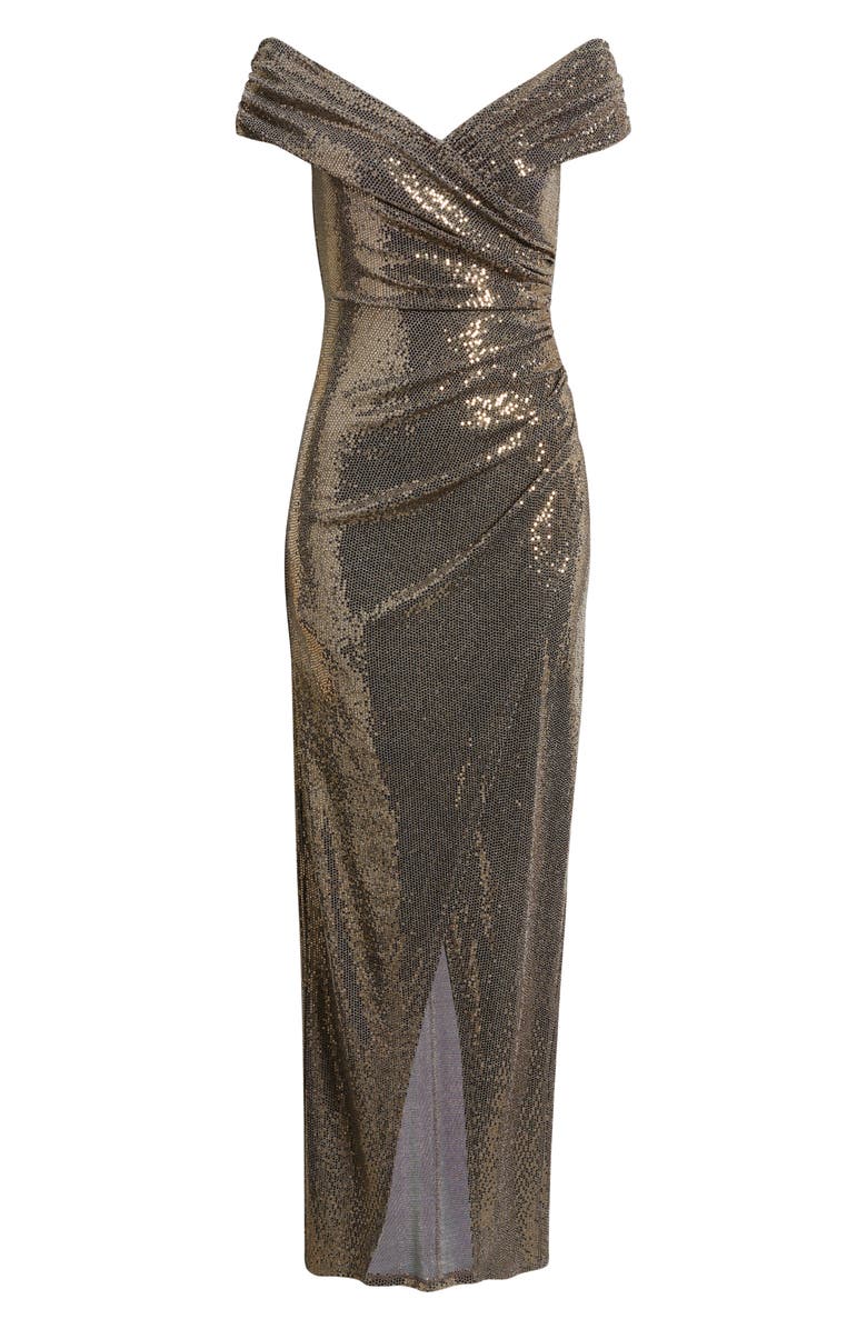 Vince Camuto Foil Knit Draped Off the Shoulder Sheath Gown, Alternate, color, Bronze