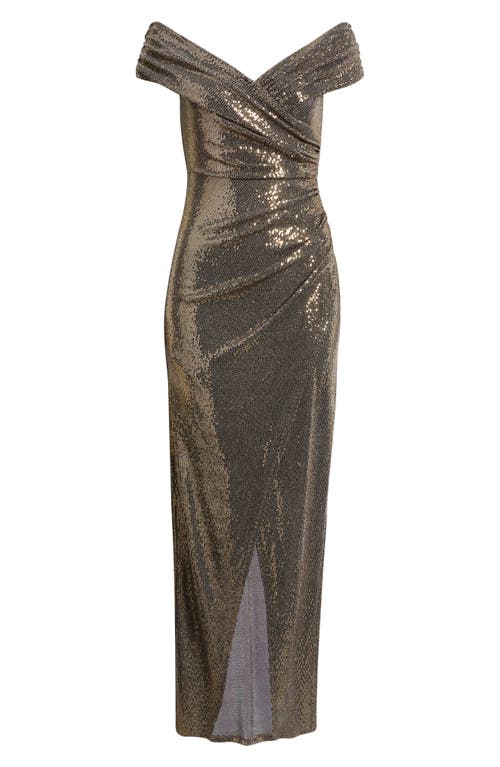 Vince Camuto Foil Knit Draped Off The Shoulder Sheath Gown In Gray