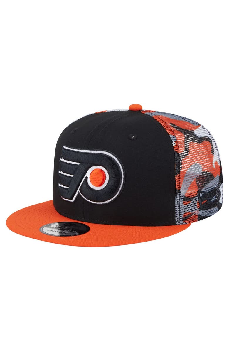 New Era Men's New Era Black/Orange Philadelphia Flyers Camo Meshback 9FIFTY Snapback Hat, Main, color,