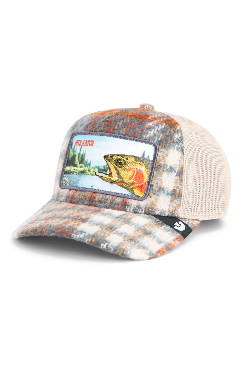 Down by the River Embroidered Patch Trucker Hat, Main, color, PLAID