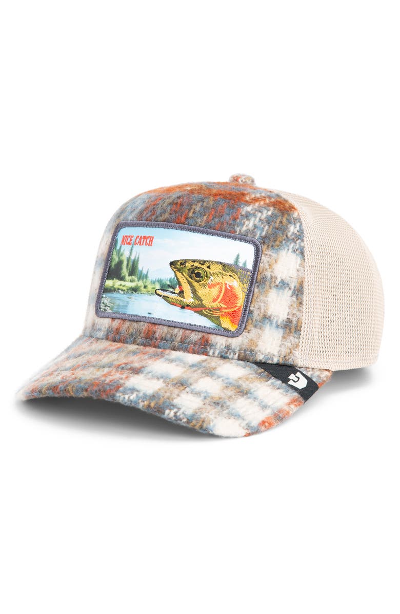 Goorin Bros. Down by the River Embroidered Patch Trucker Hat, Main, color, Plaid