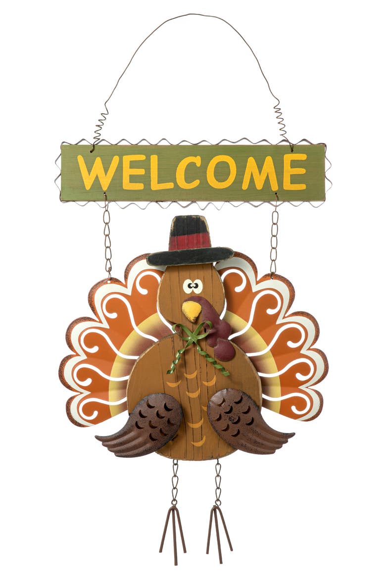 Iron Wooden Turkey Welcome Wall Decor, Main, color, Orange