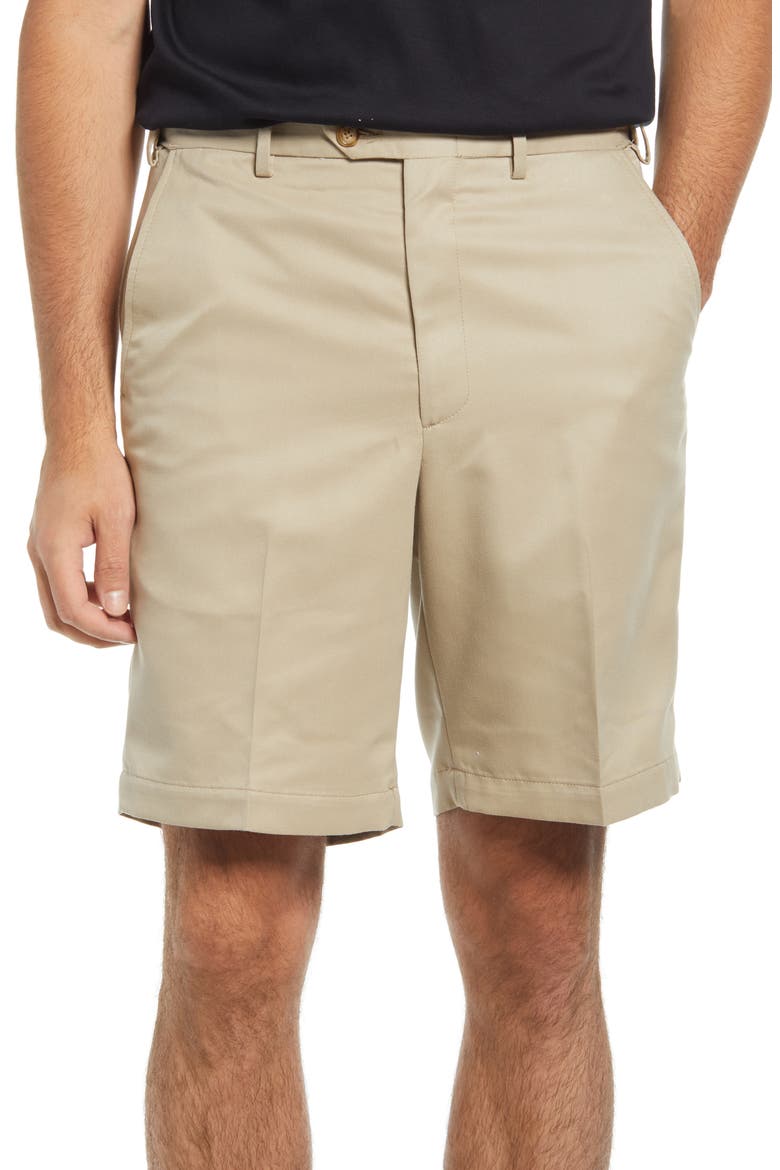 Microfiber Self Sizer Flat Front Shorts, Main, color, TAN