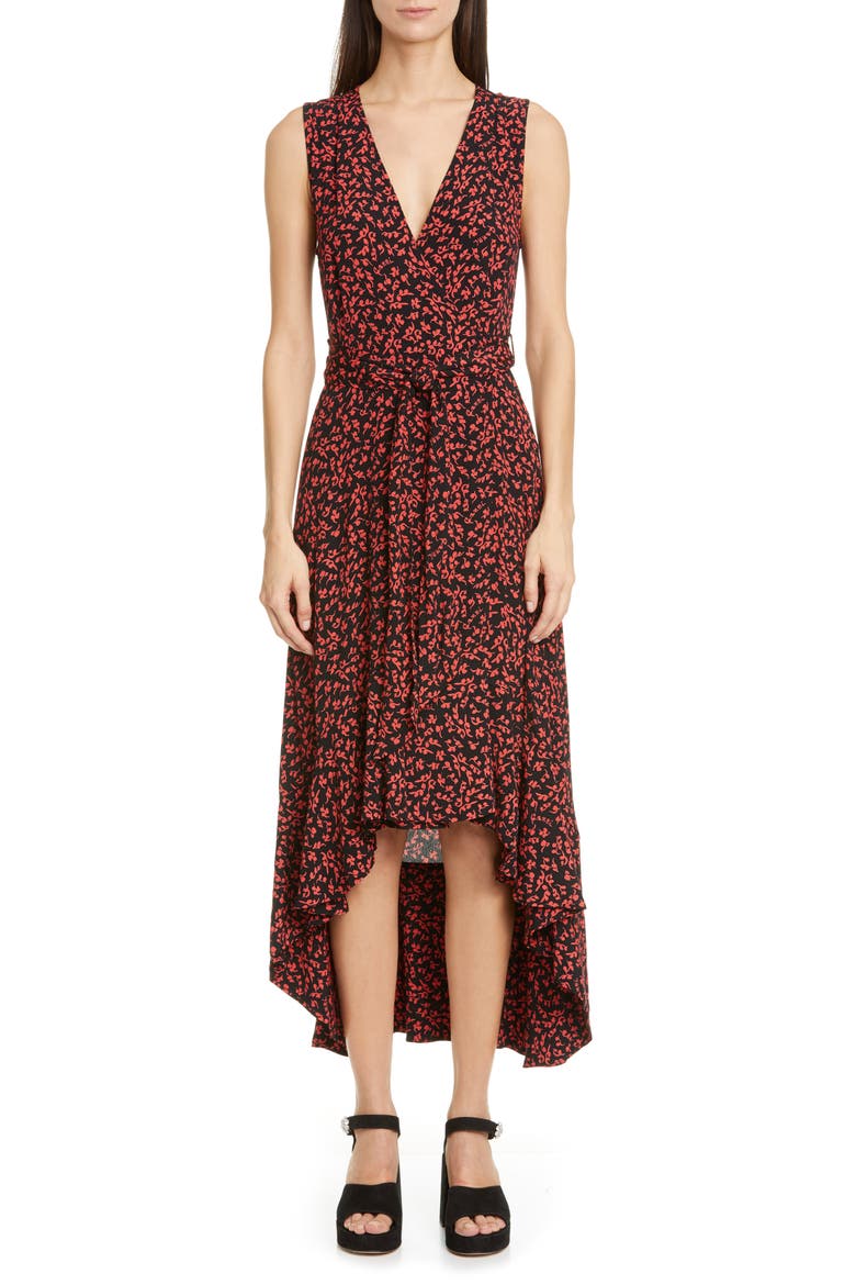 Floral Logo Print High/Low Wrap Dress, Main, color, BLACK