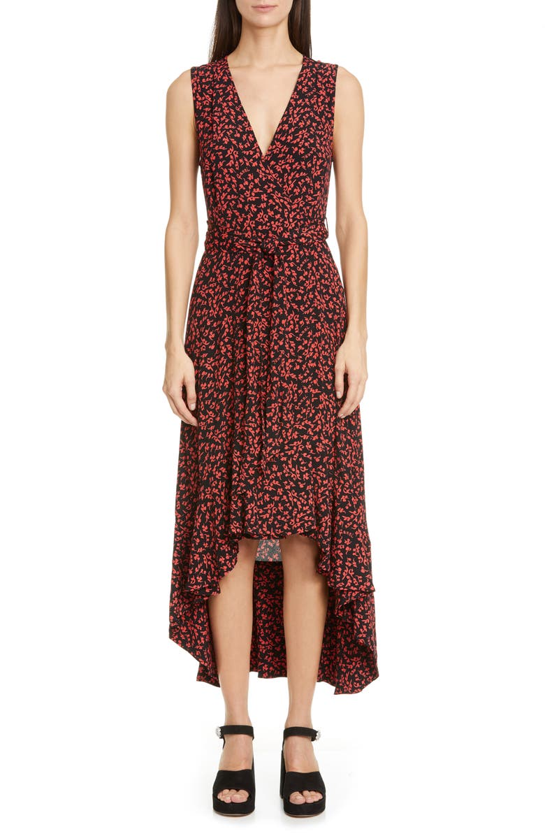 Ganni Floral Logo Print High/Low Wrap Dress, Main, color, 