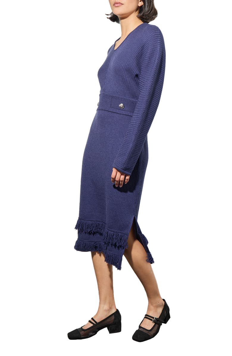 Ming Wang Fringe Long Sleeve Rib Dress, Alternate, color, 