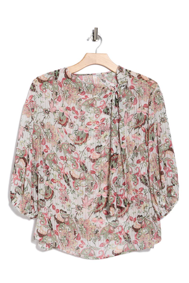 Sheer Floral Tie Neck Balloon Sleeve Top, Alternate, color, IVORY/ RED