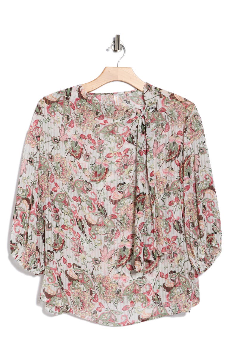 Renee C Sheer Floral Tie Neck Balloon Sleeve Top, Alternate, color, Ivory/ Red