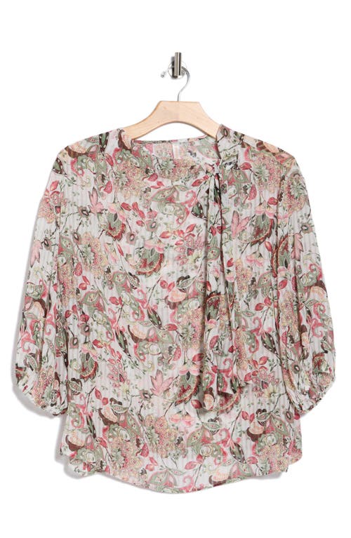 Renee C Sheer Floral Tie Neck Balloon Sleeve Top In Multi
