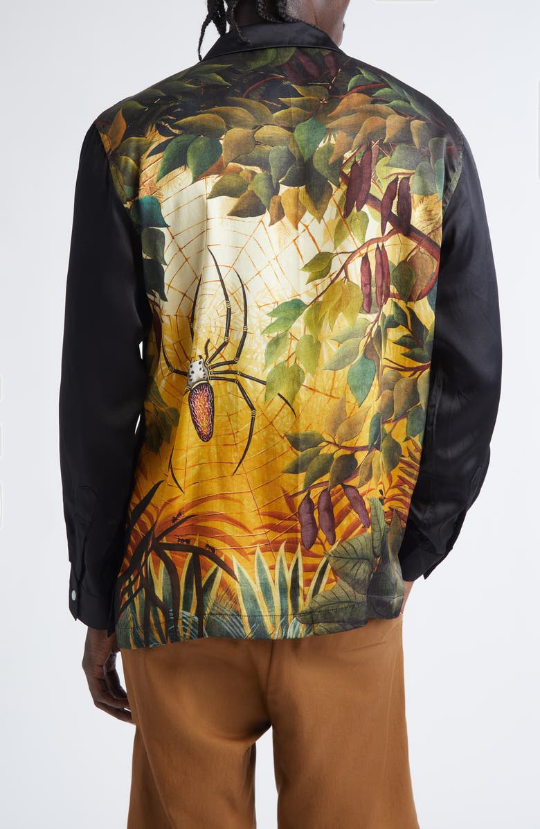 ENDLESS JOY Spiderweb Silk Satin Button-Up Shirt, Alternate, color, Black/ Orange