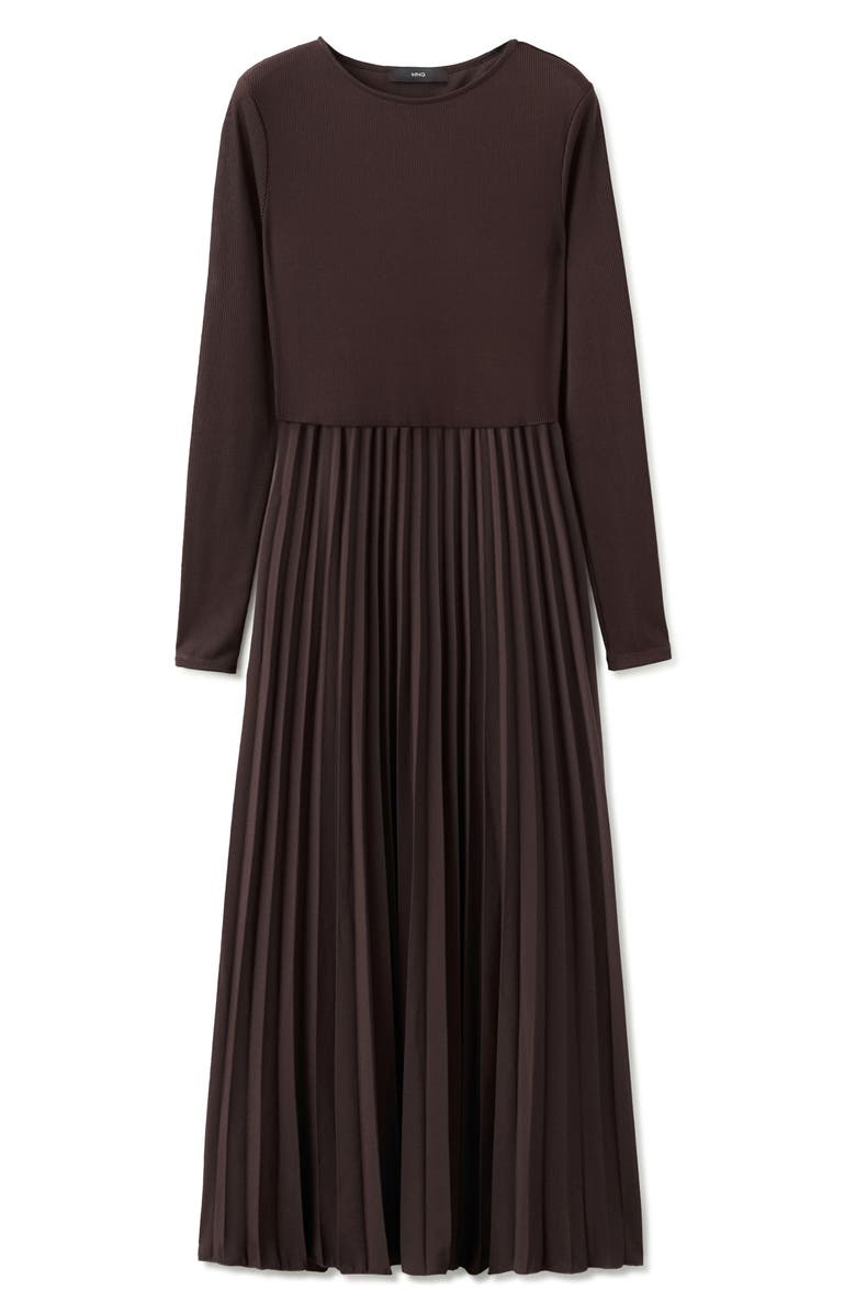 MANGO Long Sleeve Pleated Midi Dress, Alternate, color, Chocolate