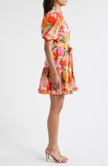 Floral Bubble Sleeve Cotton Dress