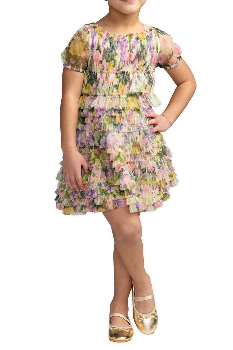 Girls Floral Scoop Neck Ruffle Dress, Main, color, Yellow Multi