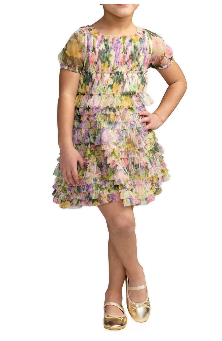 Mac Duggal Girls Floral Scoop Neck Ruffle Dress, Main, color, Yellow Multi
