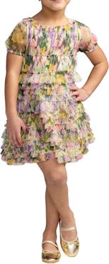 Mac Duggal Girls Floral Scoop Neck Ruffle Dress