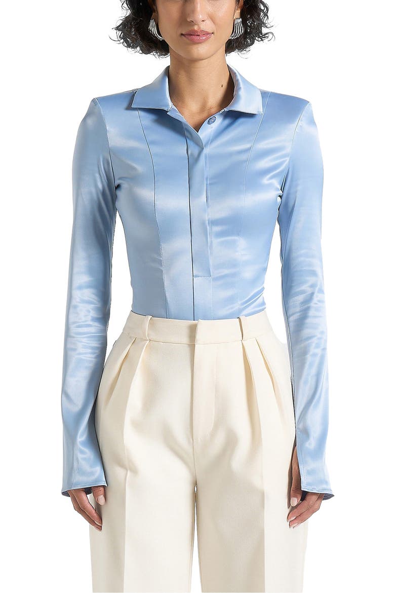 Louise Wide Shoulder Satin Shirt Bodysuit, Main, color, Pale Blue