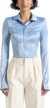 Manière De Voir Louise Wide Shoulder Satin Shirt Bodysuit