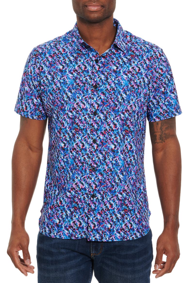 Extrasolar Short Sleeve Button-Up Performance Shirt, Main, color, BLUE MULTI