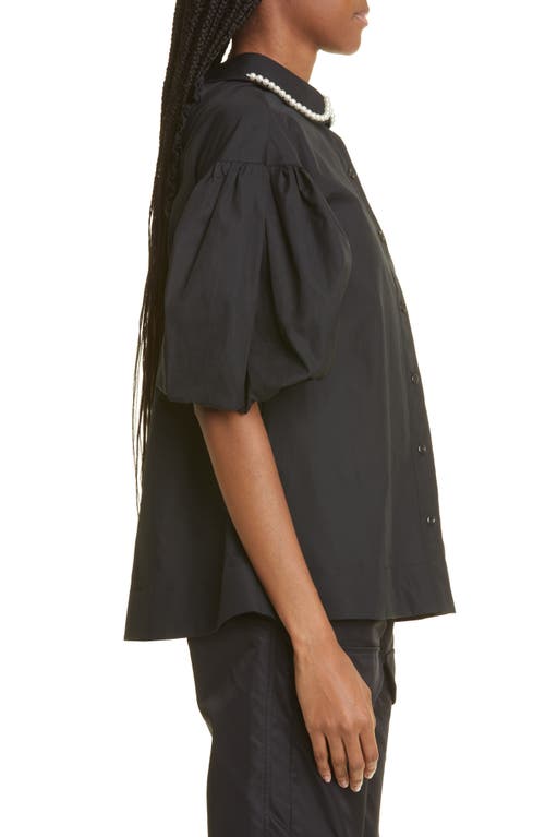 Simone Rocha Ruffle Trim Back Cutout Puff Sleeve Cotton Shirt In Black/pearl