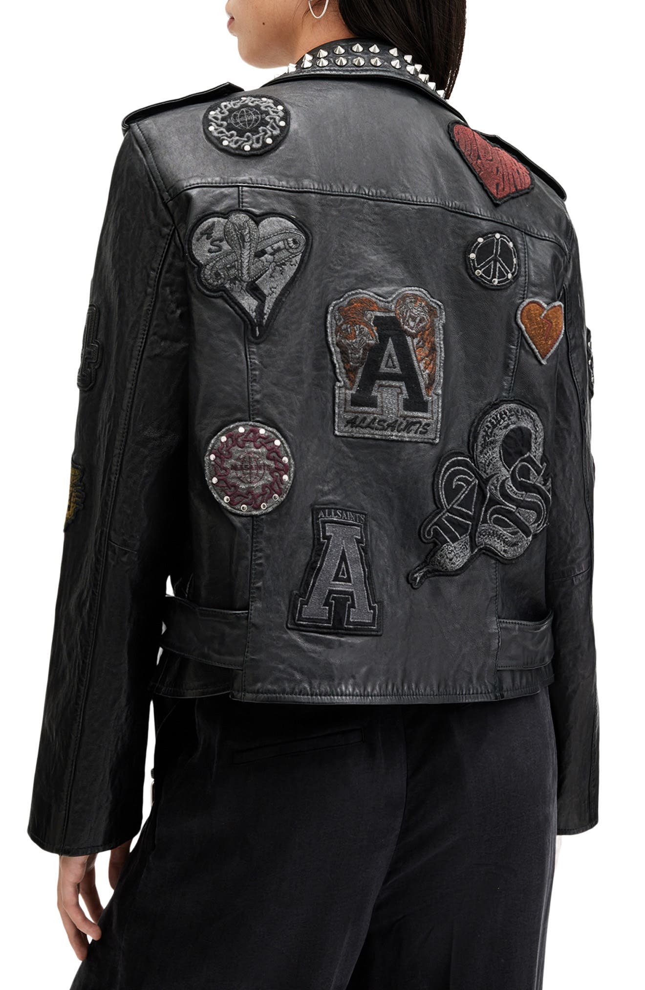 College Stud Detail Leather Biker Jacket - image 2