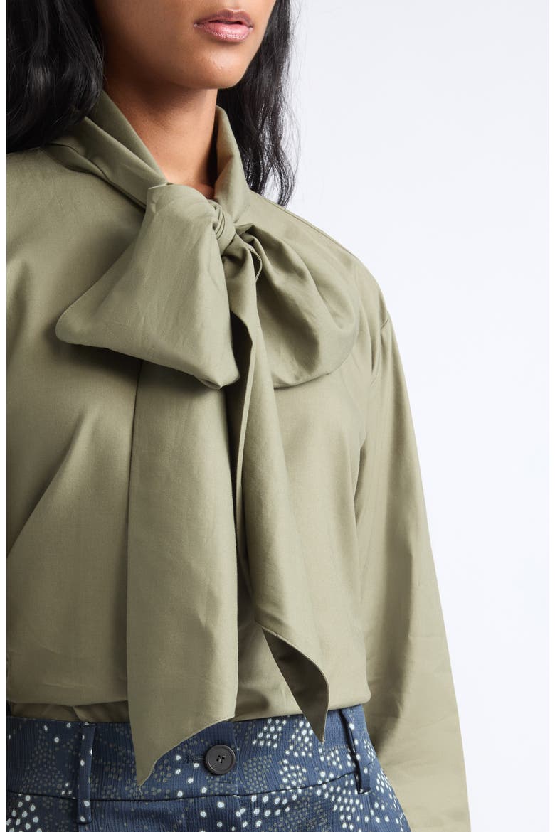 Cotton Blend Poplin Tie Neck Button-Up Top, Alternate, color, SAGE