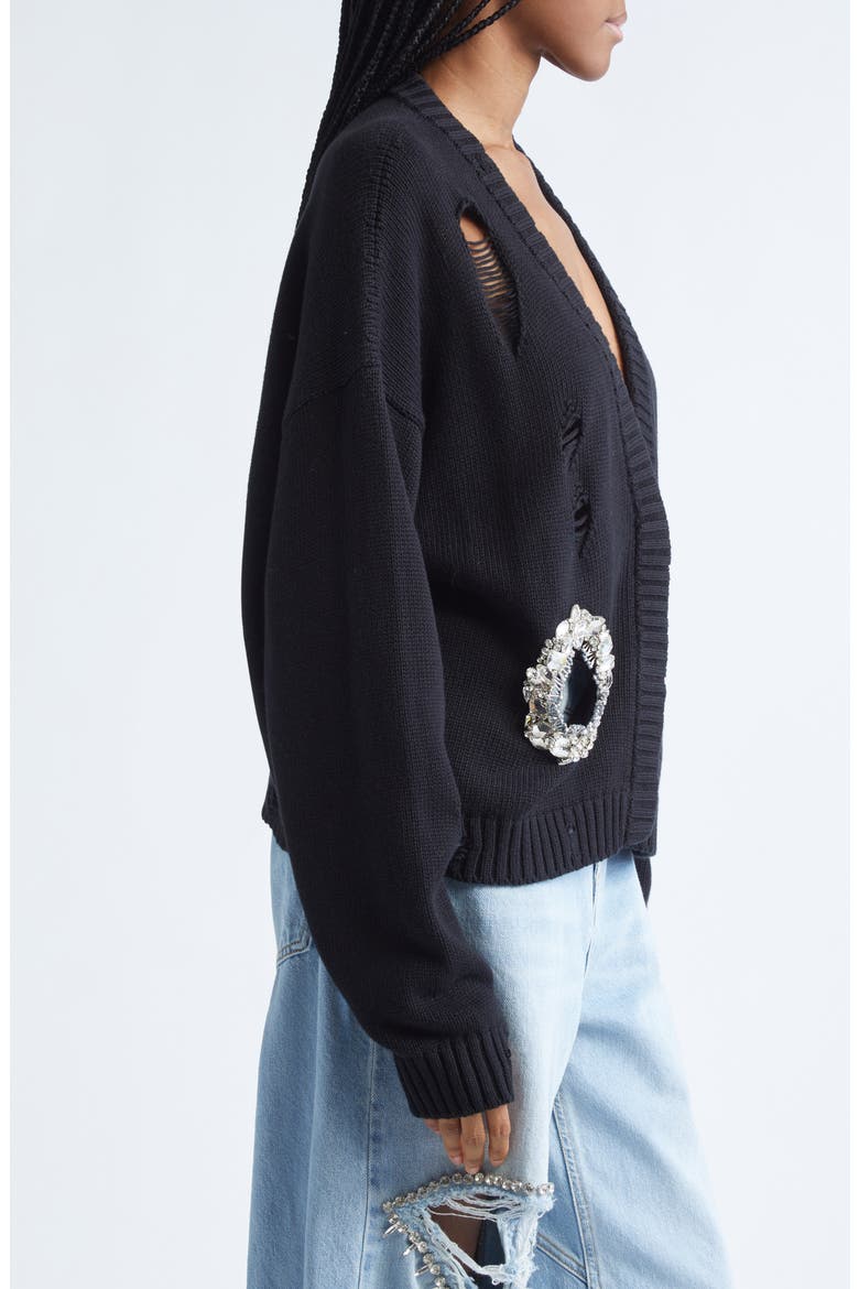 Distressed Crystal Cotton & Cashmere Cardigan, Alternate, color, BLACK