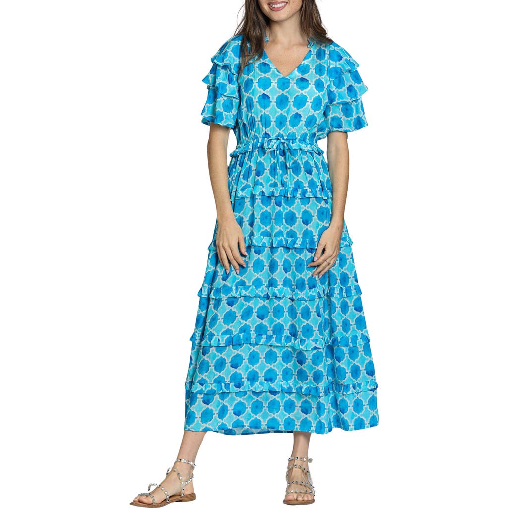 Apny Tiered Ruffle Maxi Dress In Turquoise Multi