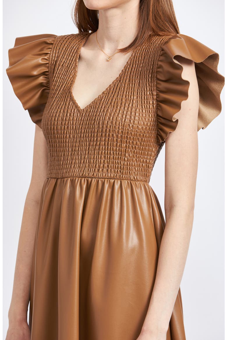 Rylee Smocked Faux Leather Midi Dress, Alternate, color, BROWN