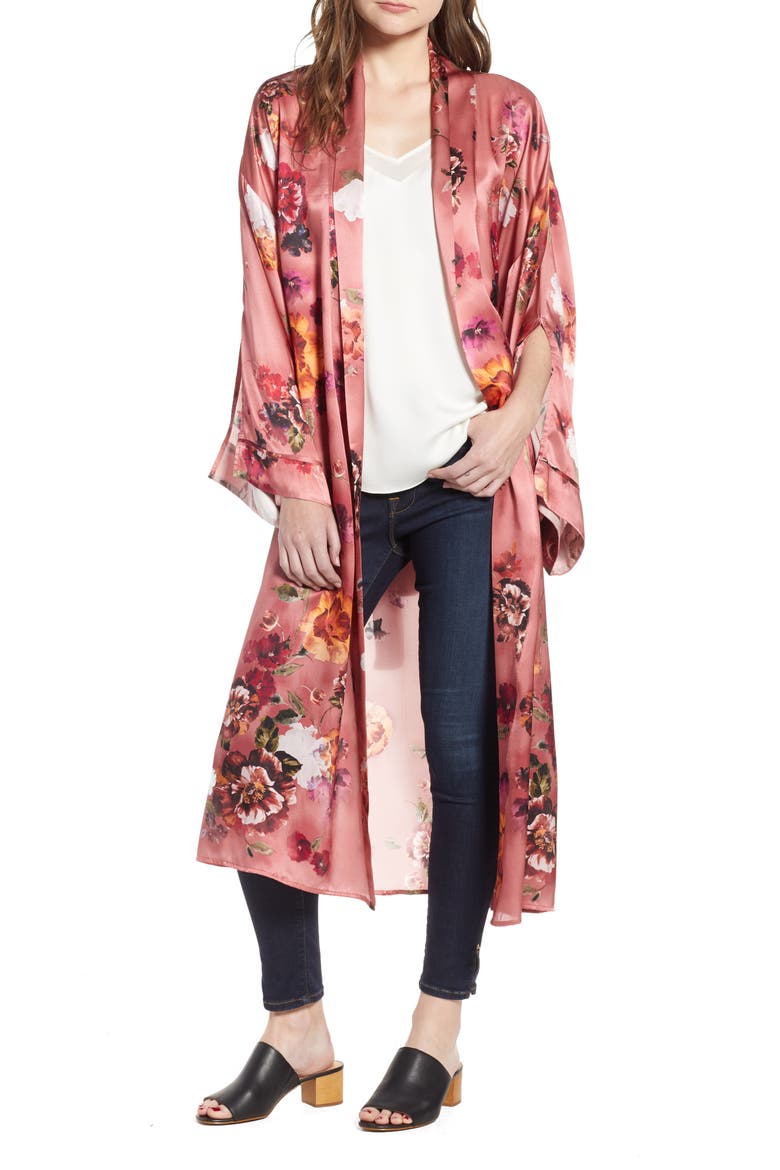 Print Long Silk Kimono, Main, color, PINK AUTUMN BOUQUET