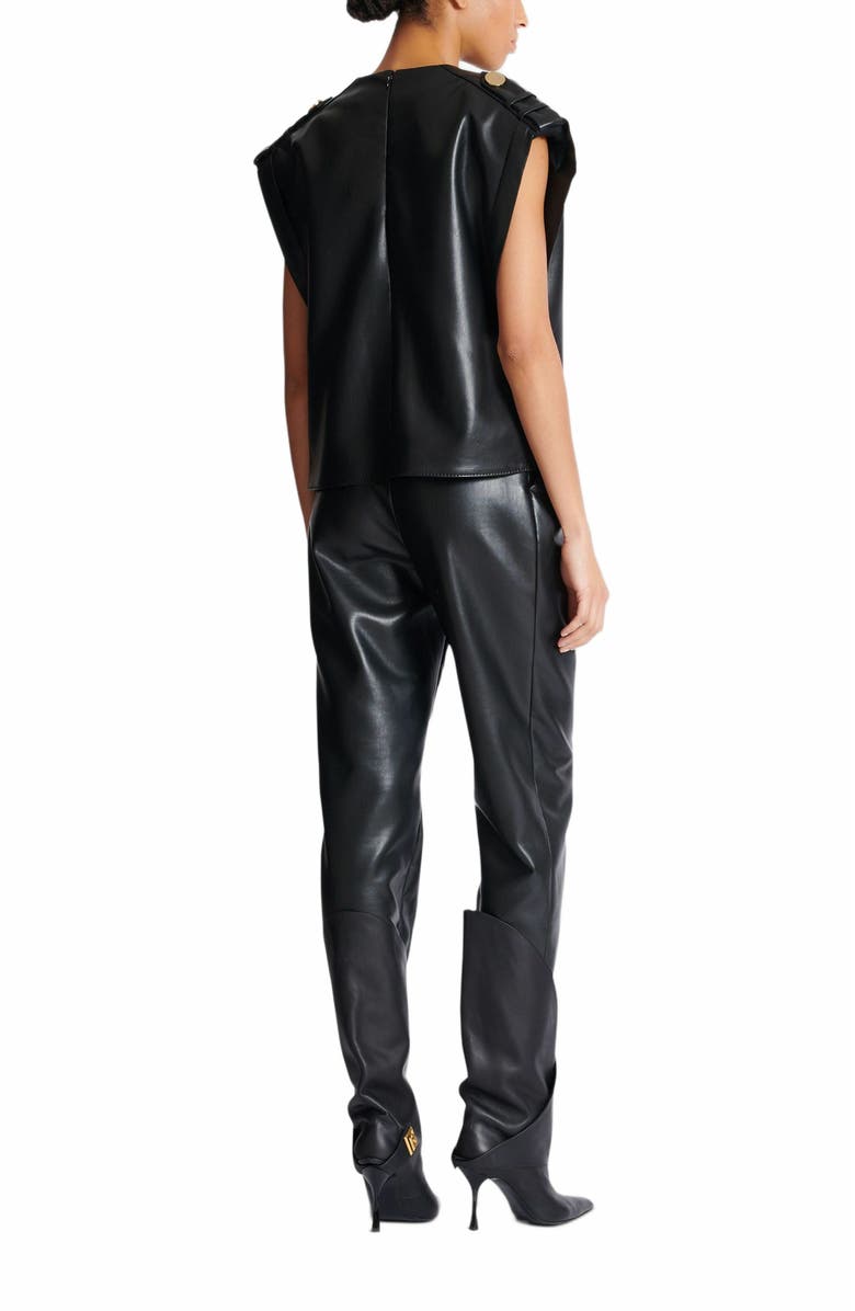 Balmain Faux Leather Draped Top, Alternate, color, Black