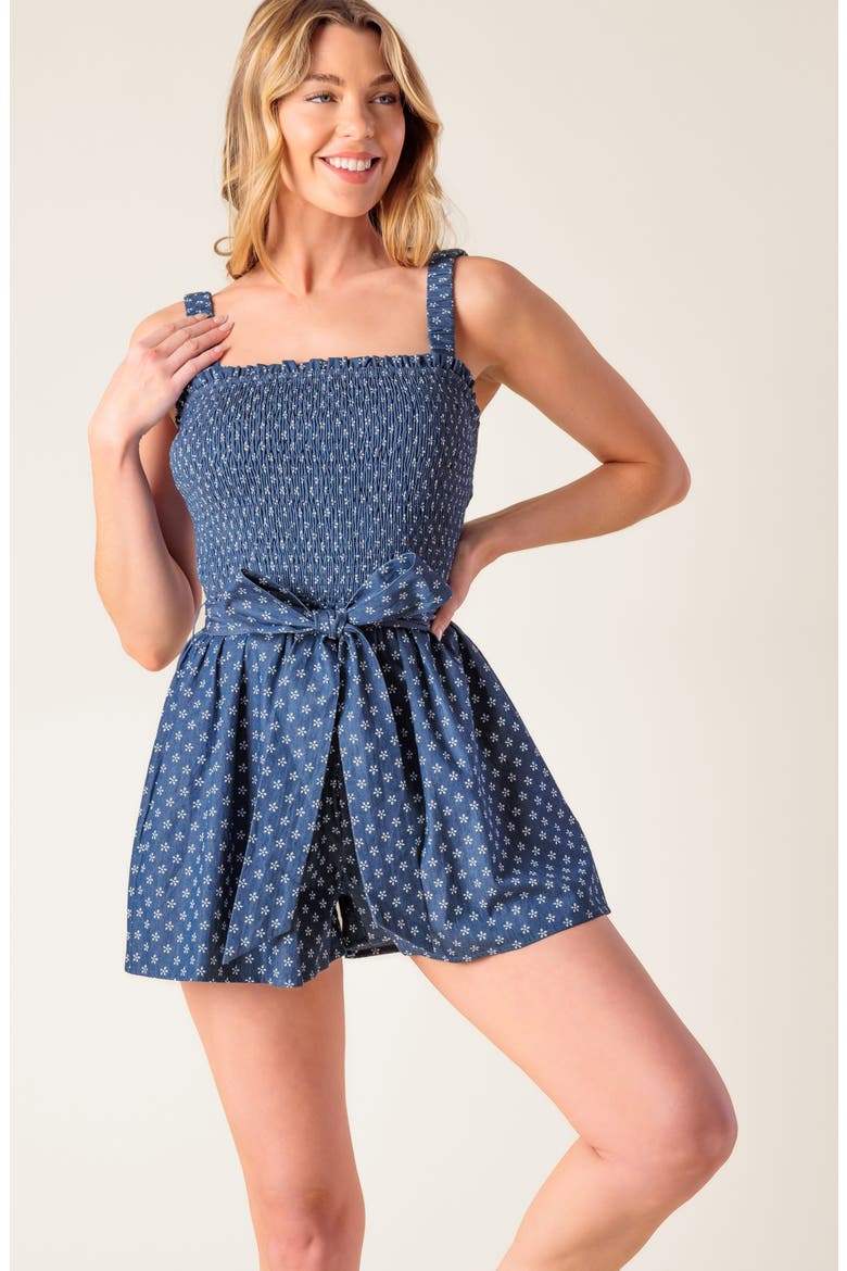 Smocked Tie Waist Romper, Alternate, color, DENIM