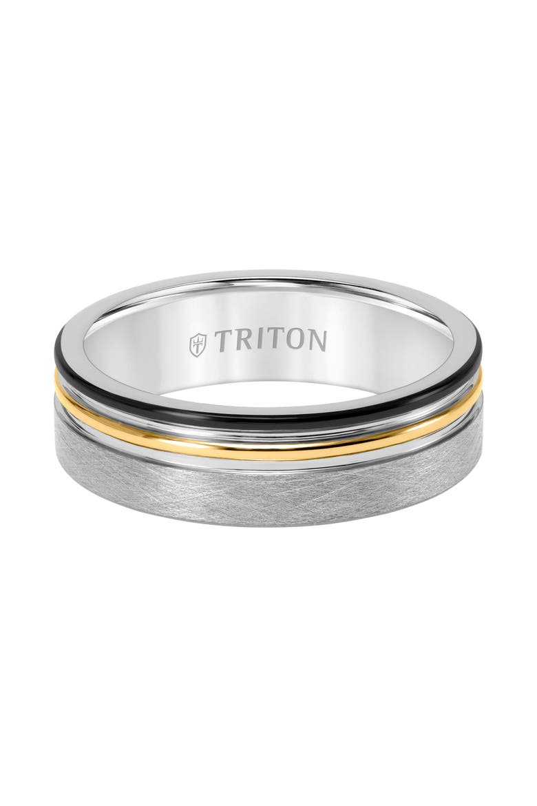 7MM Tungsten Carbide Ring with Black, Yellow and Grey Tungsten Center Groove with Crystaline Finish, Alternate, color, Metallic Silver